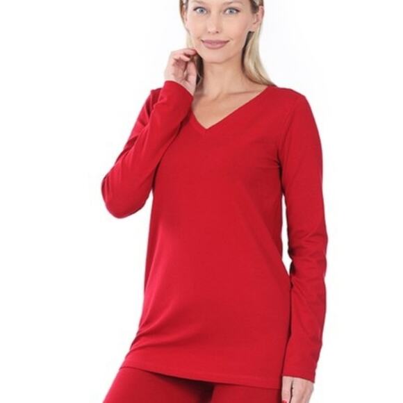 Zenana Outfitters Pants - Zenana Womens Cotton V-Neck Top and Leggings Set-Dk Red (Large)